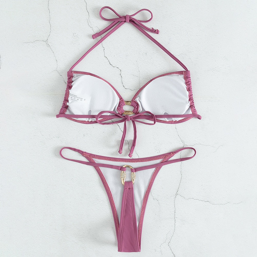 Mini bikini string ficelle deux pièces push-up violet Mousqueton S M L - GUAPPAA