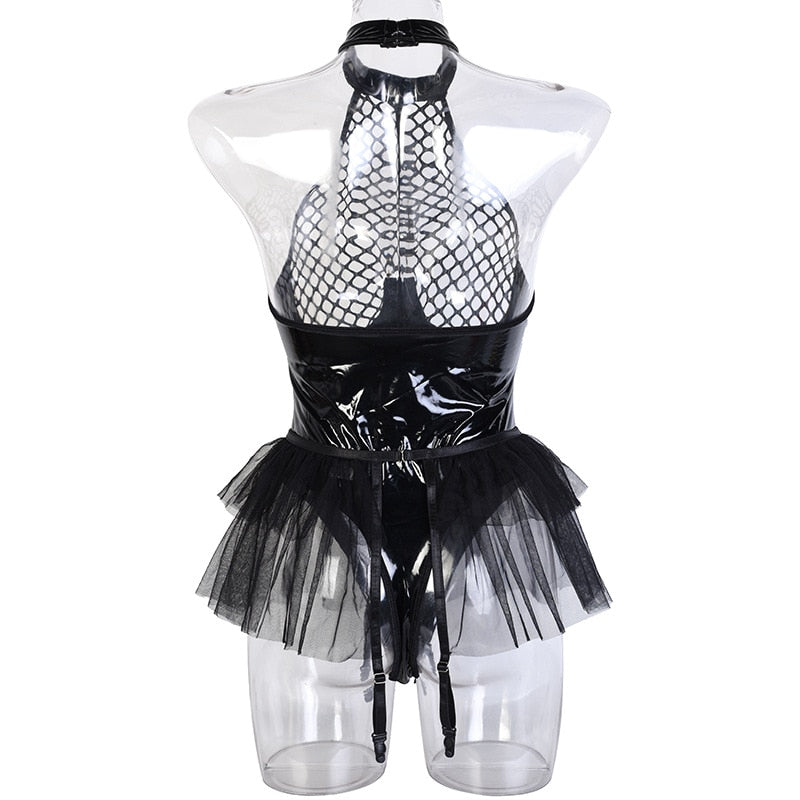 Body string latex seins nus résille à tirette et anneaux jupette frou-frou Hello Paris - GUAPPAA