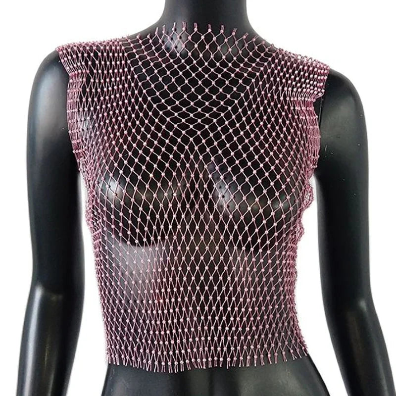 Crop Top résille diamant à strass transparent Lama - GUAPPAA