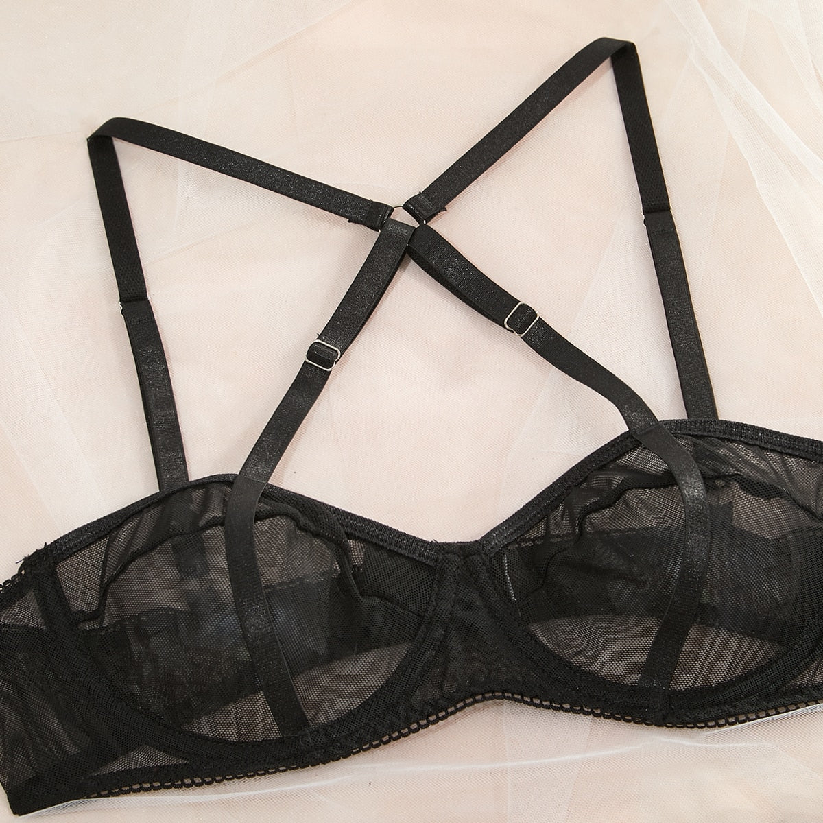 Ensemble lingerie fine avec porte-jarretelles transparent sexy Black Pearl - GUAPPAA