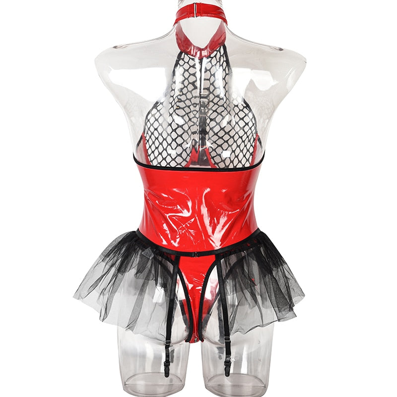 Body string latex seins nus résille à tirette et anneaux jupette frou-frou Hello Paris - GUAPPAA