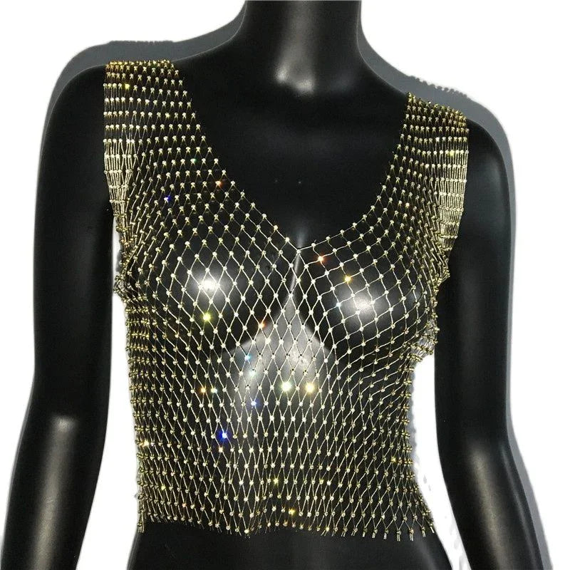 Crop Top résille diamant à strass transparent Lama - GUAPPAA
