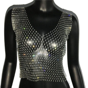 Crop Top résille diamant à strass transparent Lama - GUAPPAA