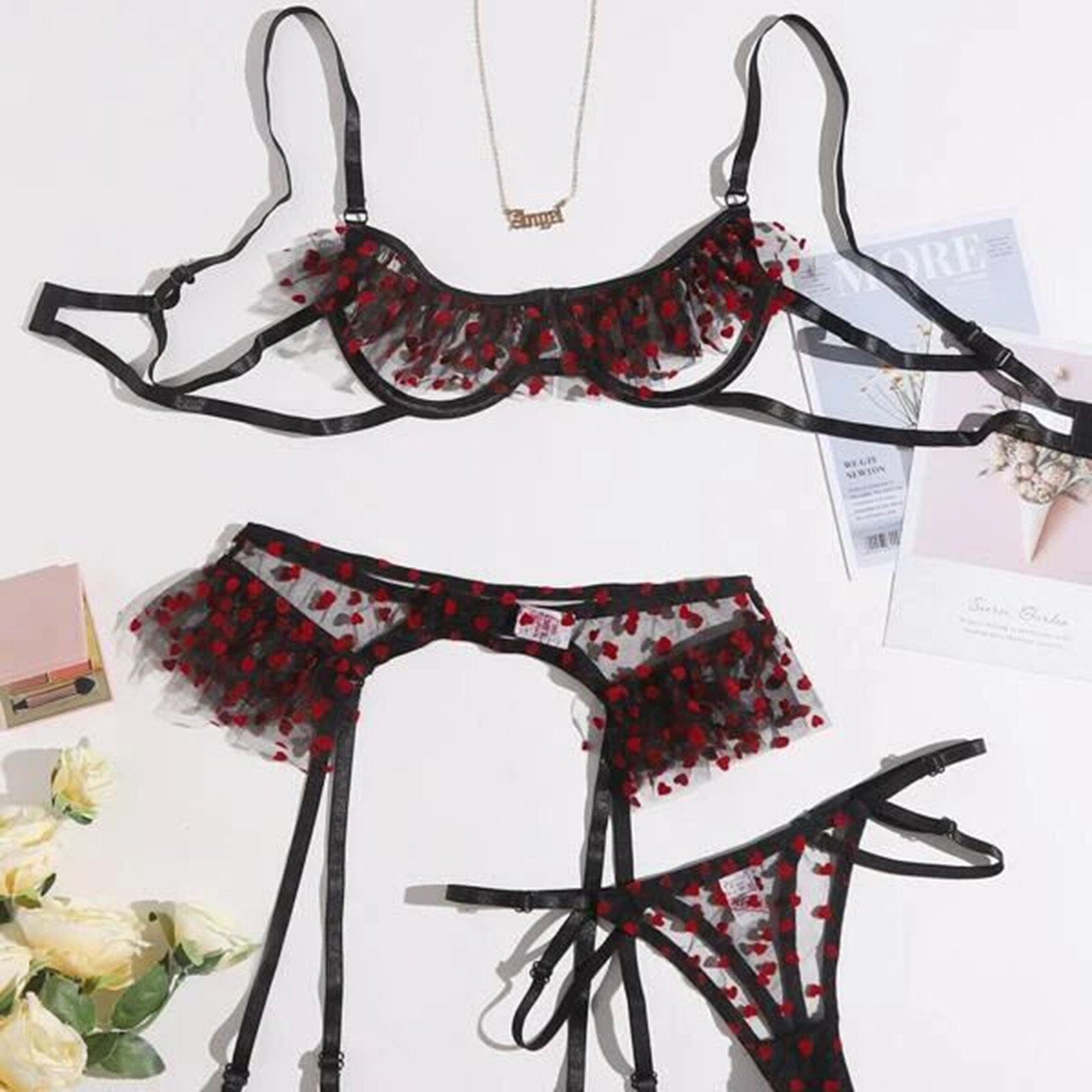 Ensemble string porte-jarretelles soutien-gorge lingerie érotique transparente Lance-coeur - GUAPPAA