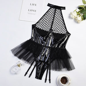Body string latex seins nus résille à tirette et anneaux jupette frou-frou Hello Paris - GUAPPAA