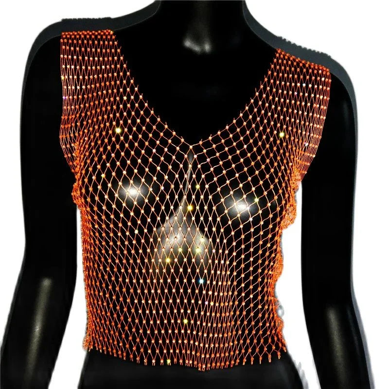 Crop Top résille diamant à strass transparent Lama - GUAPPAA