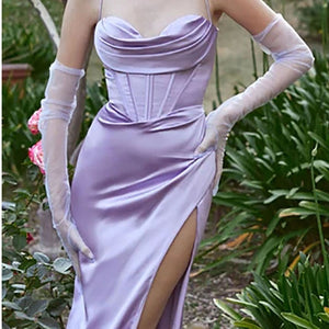 Robe corset plissée longue fendue satinée bretelles spaghetti élégante Elite - GUAPPAA