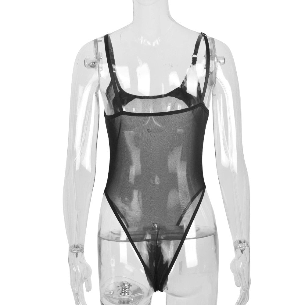 Body string transparent bondage noir à menottes et collier à chaînes La Flamme - GUAPPAA