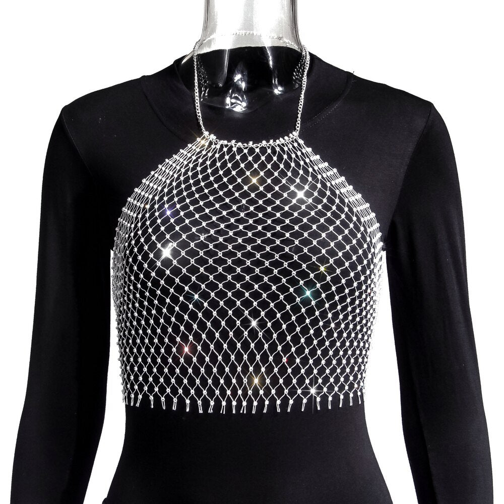 Crop-top résille diamant bijou strass clubwear Hangus - GUAPPAA
