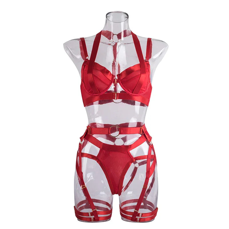 Ensemble lingerie sexy femme à bandes quatre pièces glamour L'Evidence - GUAPPAA