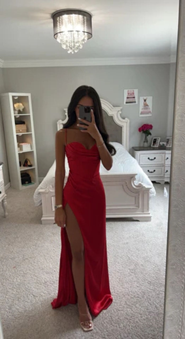 Robe corset plissée longue fendue satinée bretelles spaghetti élégante Elite - GUAPPAA