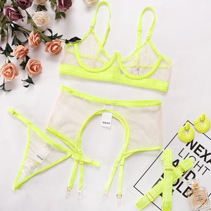 Bellevue Ensemble porte-jarretelles string soutien-gorge lingerie transparente trois pièces - GUAPPAA