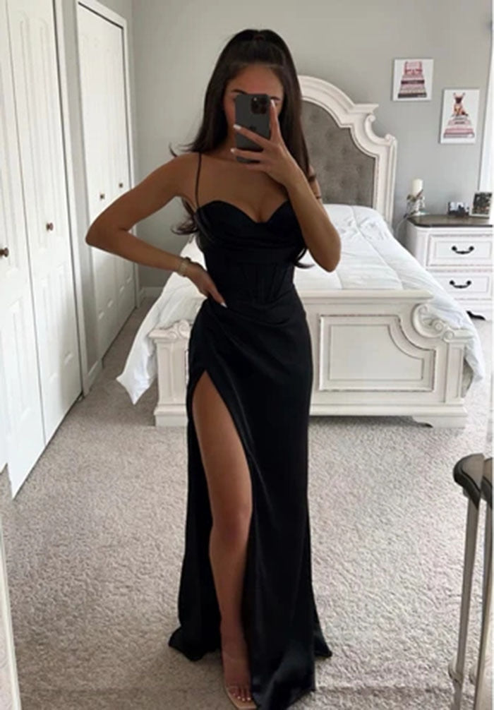 Robe corset plissée longue fendue satinée bretelles spaghetti élégante Elite - GUAPPAA