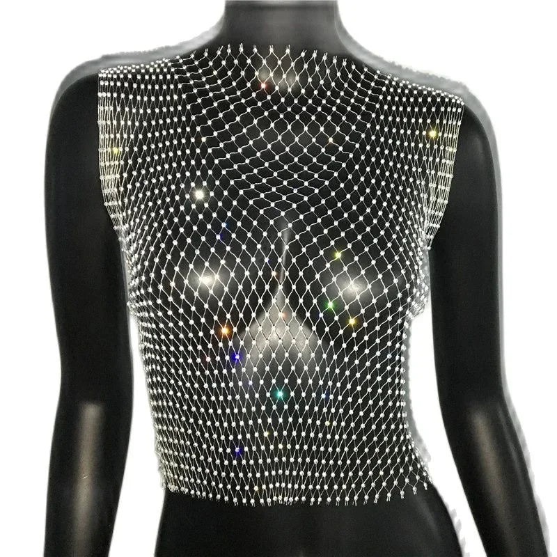 Crop Top résille diamant à strass transparent Lama - GUAPPAA