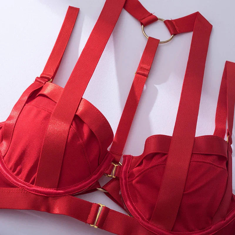 Ensemble lingerie sexy femme à bandes quatre pièces glamour L'Evidence - GUAPPAA