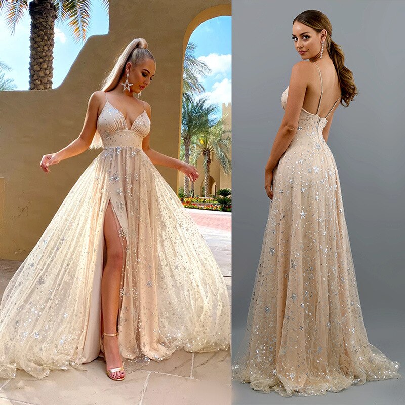 Robe longue fendue dos nu à sequins élégante La Bégude - GUAPPAA