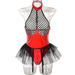 Body string latex seins nus résille à tirette et anneaux jupette frou-frou Hello Paris - GUAPPAA