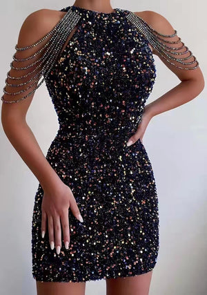 Robe courte à sequins et chute de strass sur les épaules Glossy - GUAPPAA