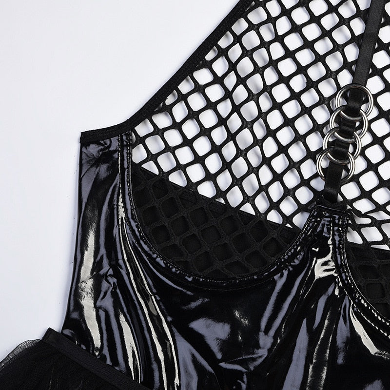 Body string latex seins nus résille à tirette et anneaux jupette frou-frou Hello Paris - GUAPPAA