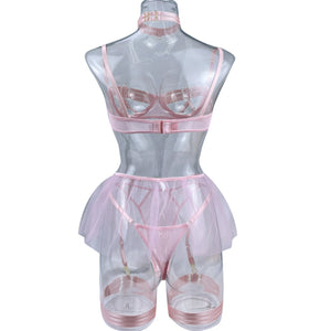 Ensemble de lingerie à bandes sexy transparent à frou-frou Sainte Vierge rouge ou rose S M L - GUAPPAA