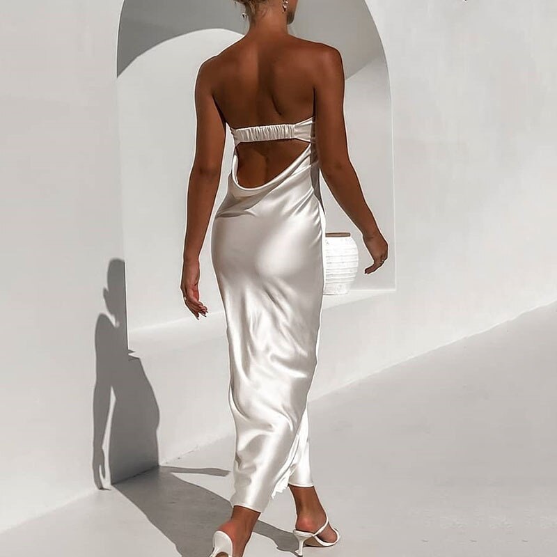 Robe cocktail spaghetti satinée longue sans bretelles S M L Chic Brunch - GUAPPAA
