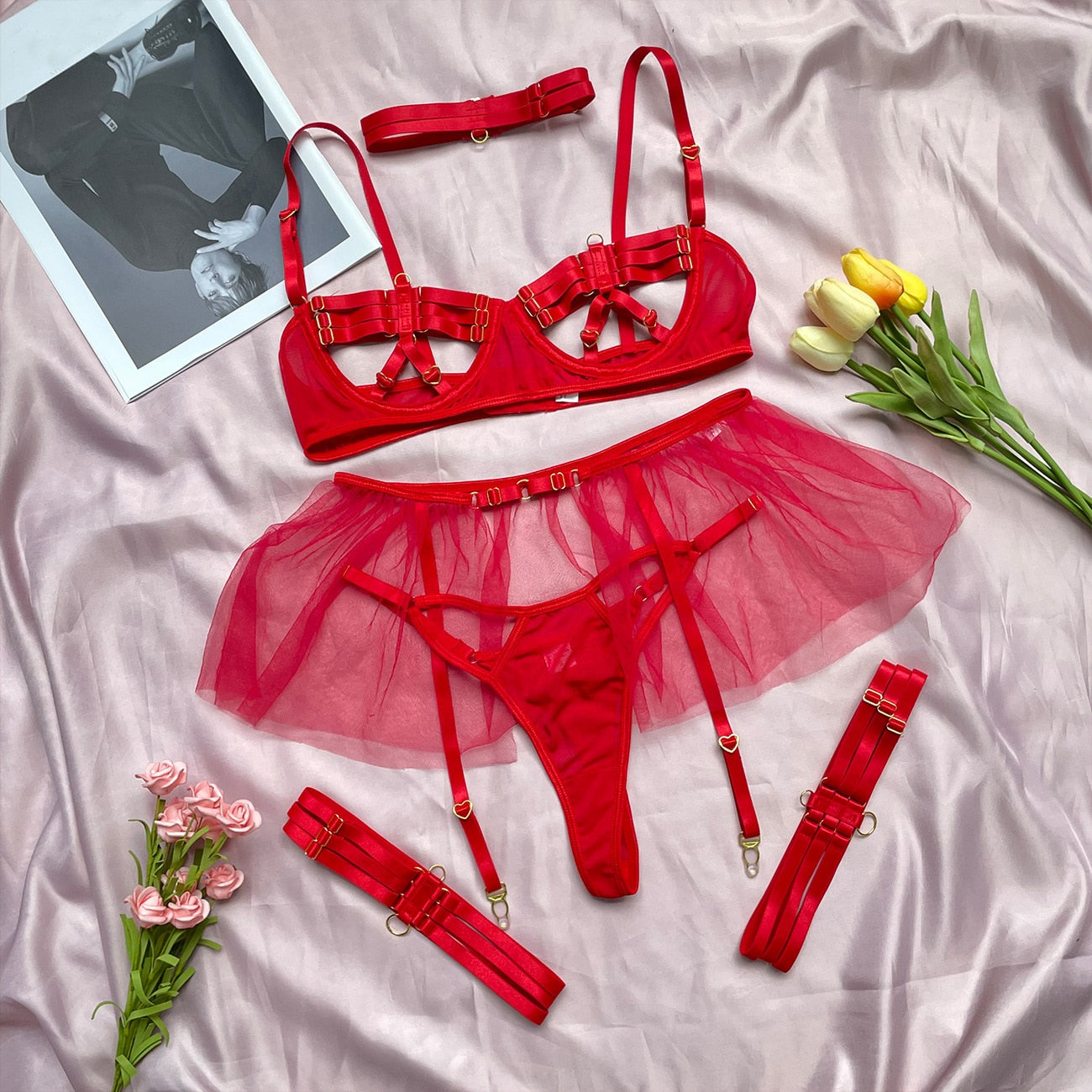 Ensemble de lingerie à bandes sexy transparent à frou-frou Sainte Vierge rouge ou rose S M L - GUAPPAA