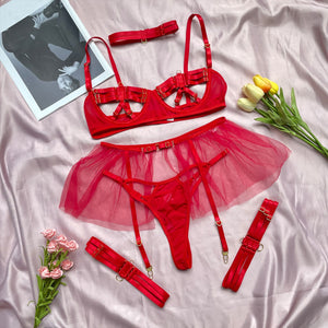 Ensemble de lingerie à bandes sexy transparent à frou-frou Sainte Vierge rouge ou rose S M L - GUAPPAA