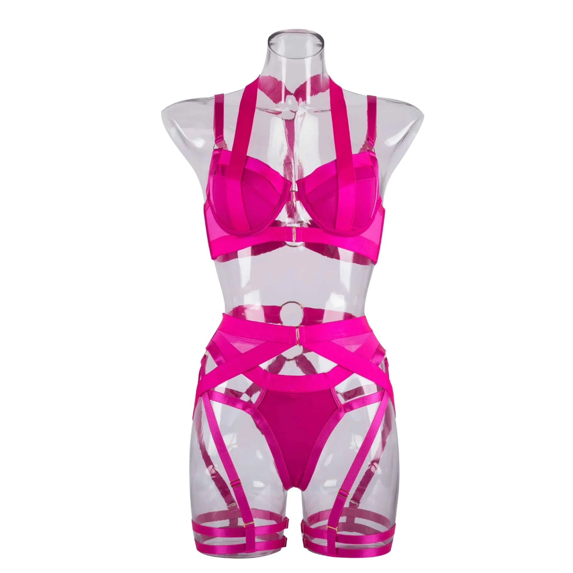 Ensemble lingerie sexy femme à bandes quatre pièces glamour L'Evidence - GUAPPAA
