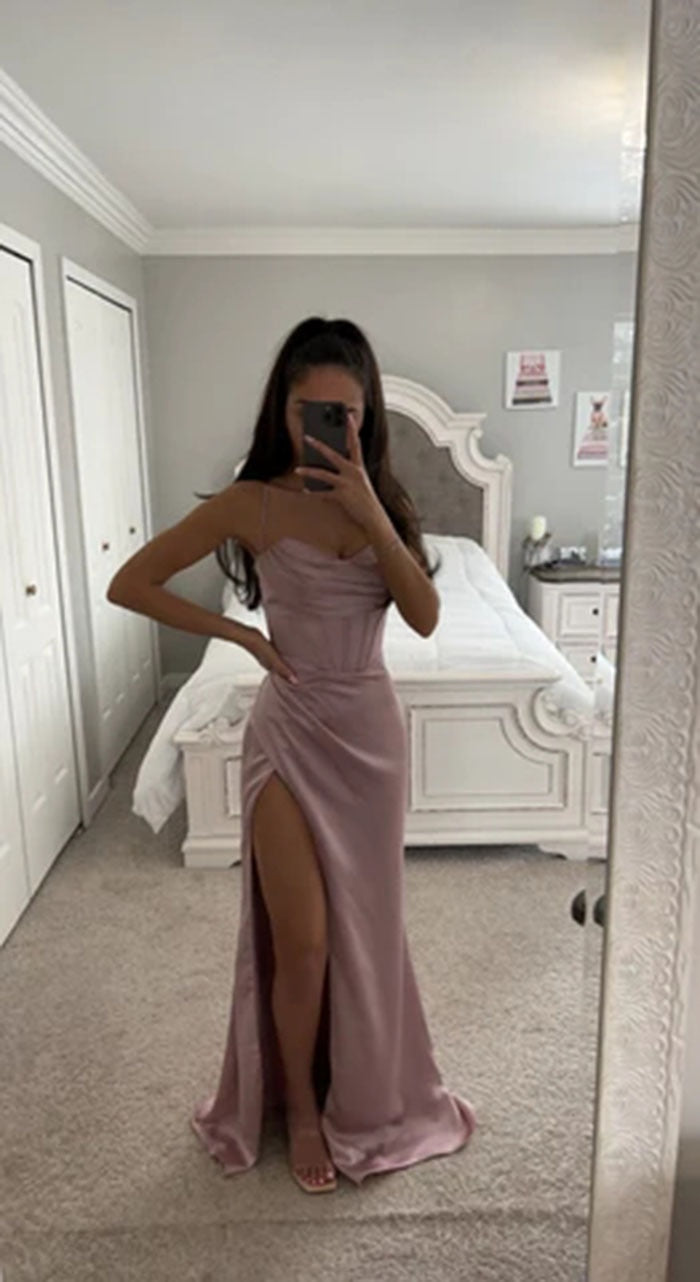Robe corset plissée longue fendue satinée bretelles spaghetti élégante Elite - GUAPPAA