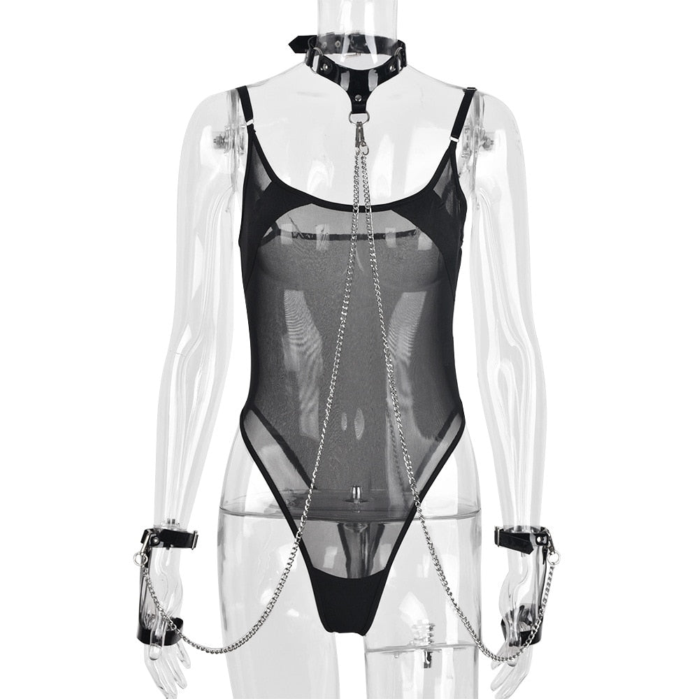 Body string transparent bondage noir à menottes et collier à chaînes La Flamme - GUAPPAA