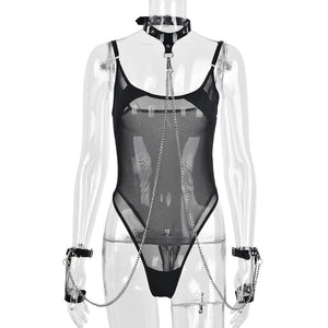 Body string transparent bondage noir à menottes et collier à chaînes La Flamme - GUAPPAA