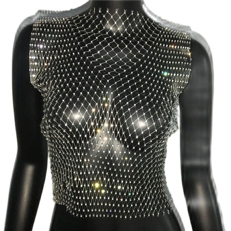 Crop Top résille diamant à strass transparent Lama - GUAPPAA