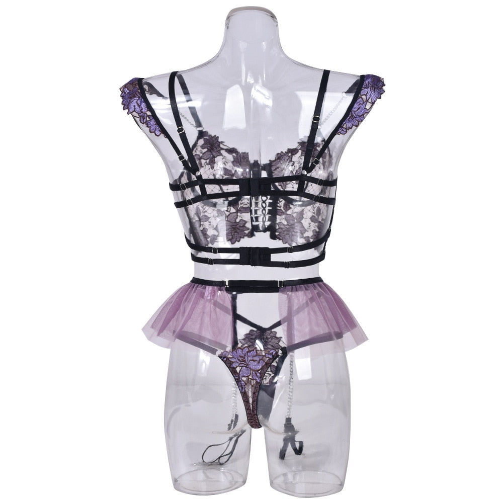 Ensemble lingerie sexy fleuri et frou-frous avec porte-jarretelles Violette - GUAPPAA