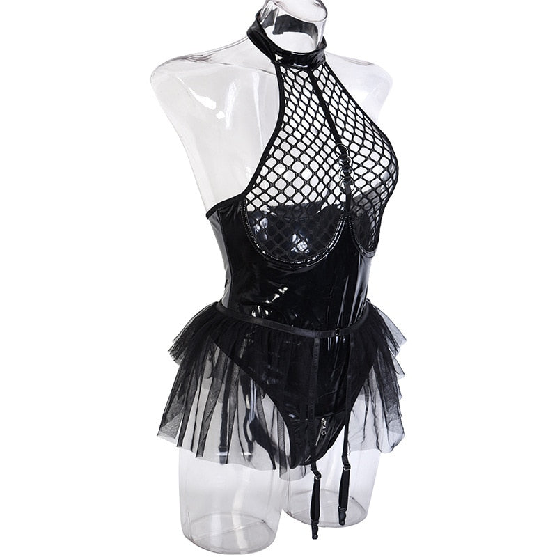 Body string latex seins nus résille à tirette et anneaux jupette frou-frou Hello Paris - GUAPPAA