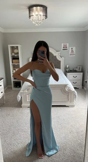 Robe corset plissée longue fendue satinée bretelles spaghetti élégante Elite - GUAPPAA