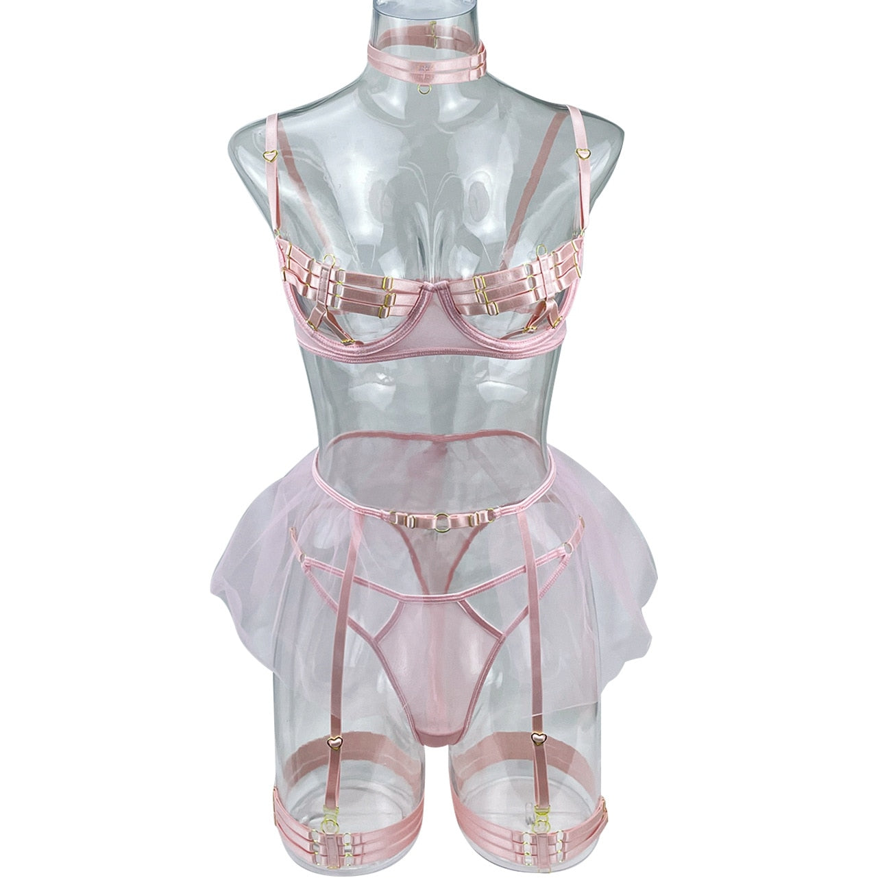 Ensemble de lingerie à bandes sexy transparent à frou-frou Sainte Vierge rouge ou rose S M L - GUAPPAA