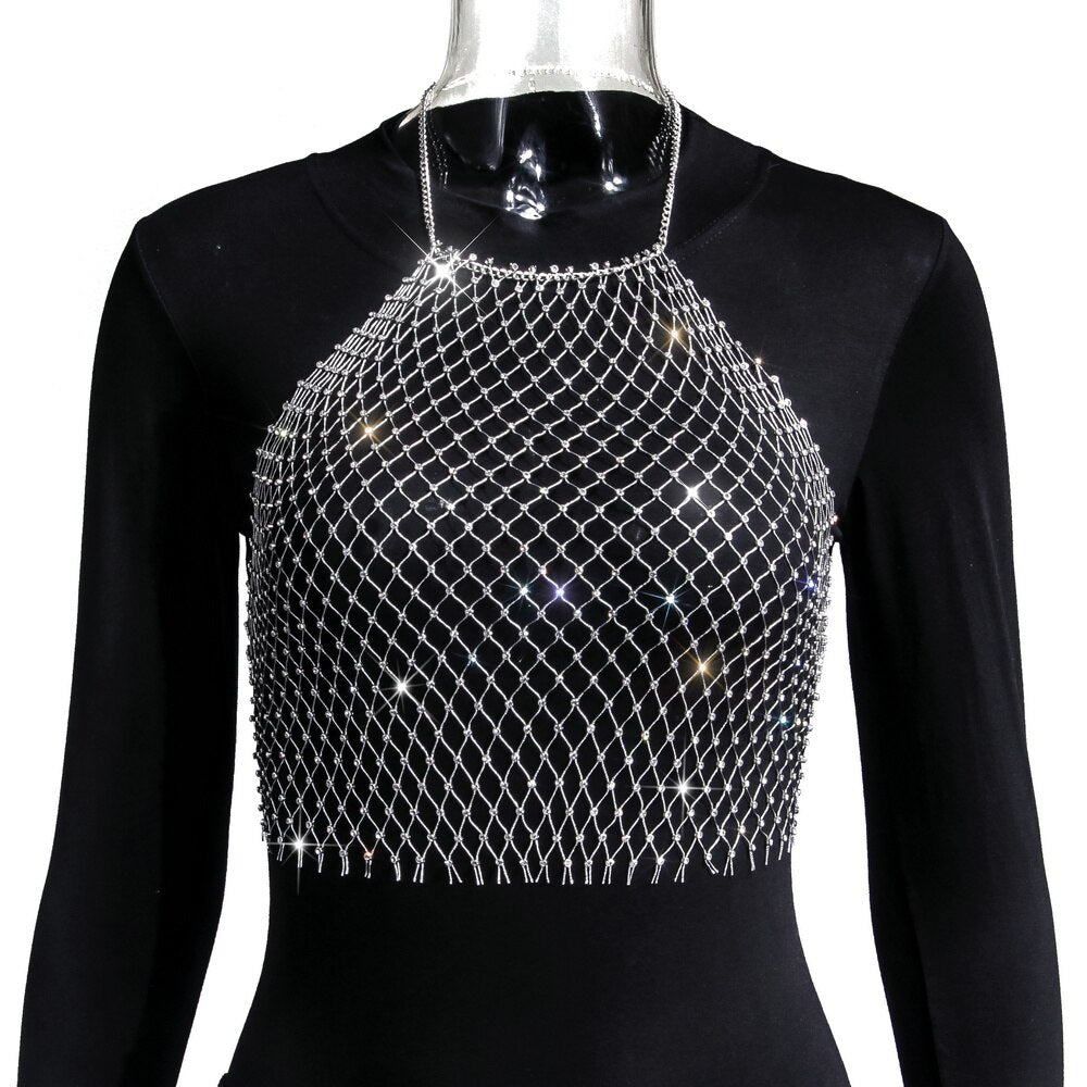 Crop-top résille diamant bijou strass clubwear Hangus - GUAPPAA