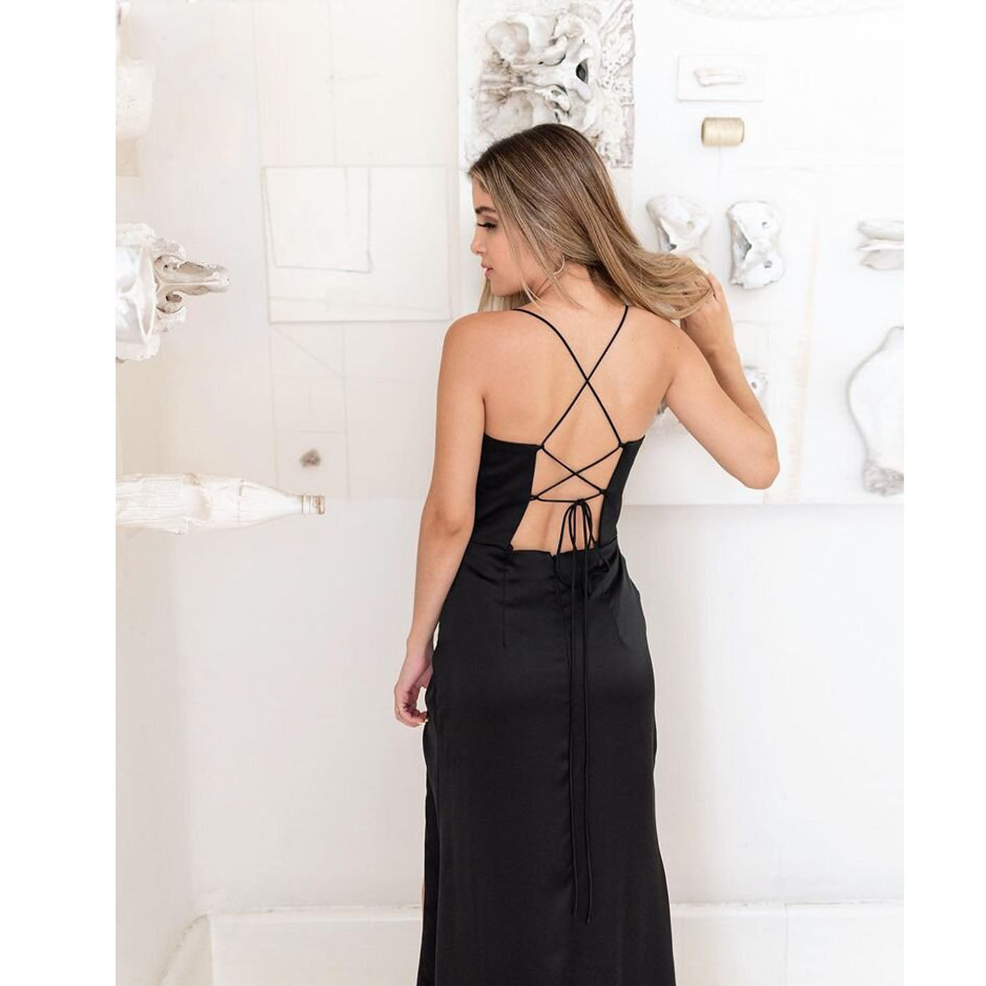Robe corset plissée longue fendue satinée bretelles spaghetti élégante Elite - GUAPPAA
