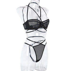 Ensemble lingerie érotique noir deux pièces transparent à ficelles L'intimité - GUAPPAA