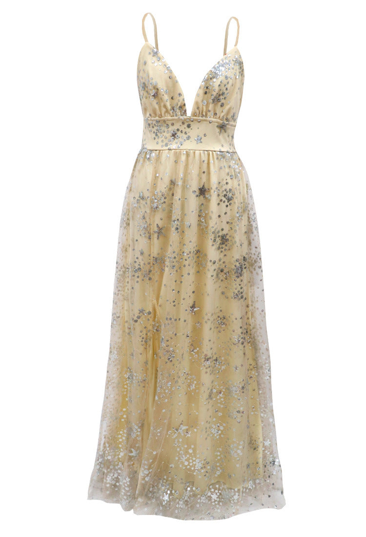 Robe longue fendue dos nu à sequins élégante La Bégude - GUAPPAA
