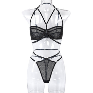 Ensemble lingerie érotique noir deux pièces transparent à ficelles L'intimité - GUAPPAA