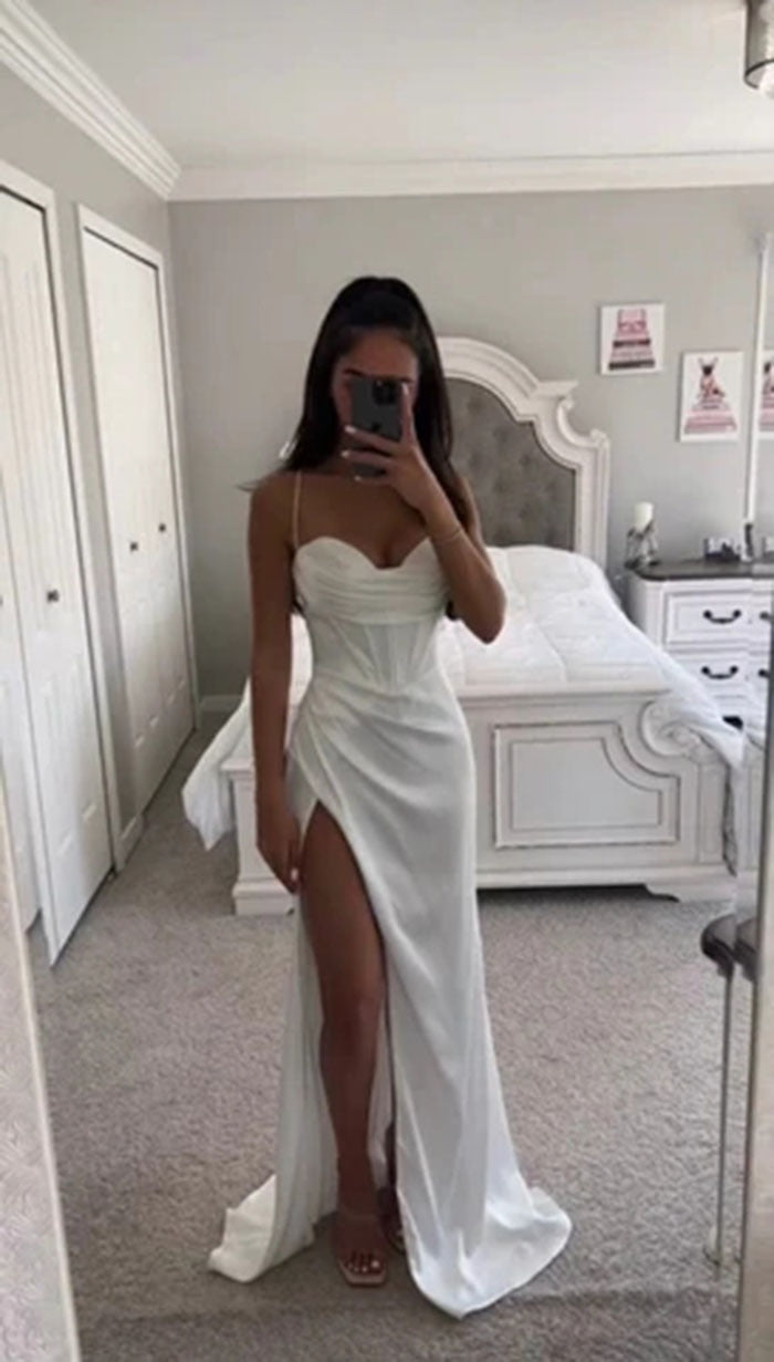 Robe corset plissée longue fendue satinée bretelles spaghetti élégante Elite - GUAPPAA