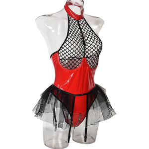 Body string latex seins nus résille à tirette et anneaux jupette frou-frou Hello Paris - GUAPPAA