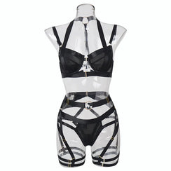 Ensemble lingerie sexy femme à bandes quatre pièces glamour L'Evidence - GUAPPAA