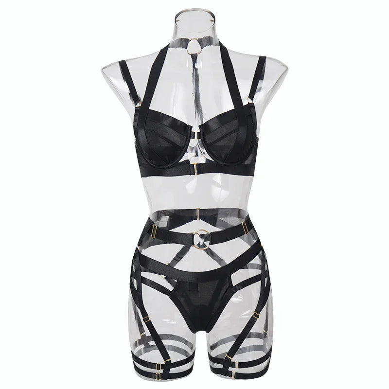Ensemble lingerie sexy femme à bandes quatre pièces glamour L'Evidence - GUAPPAA