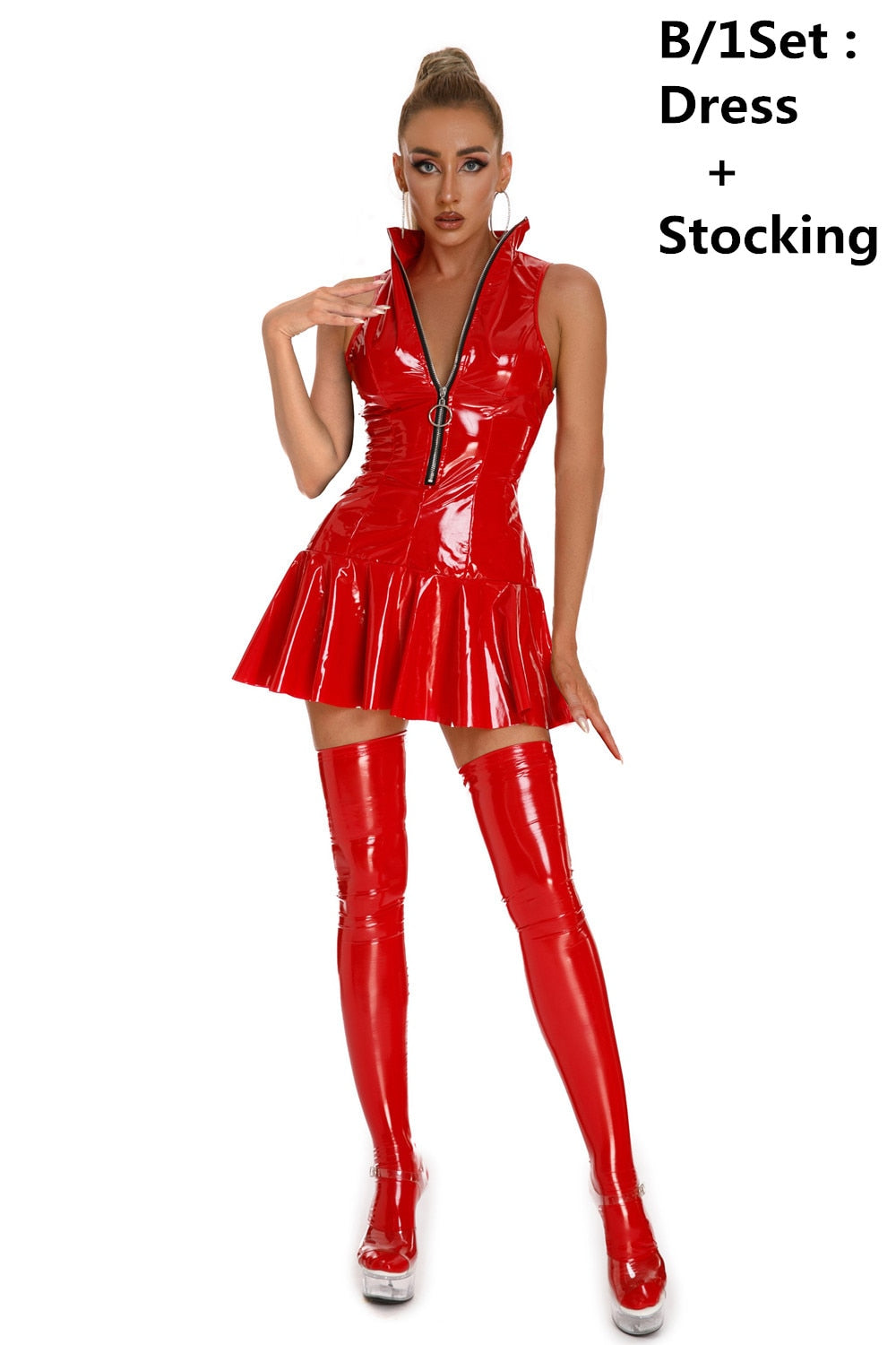 Tenue sexy latex vinyle simili ensemble robe gants et bas BCM - GUAPPAA