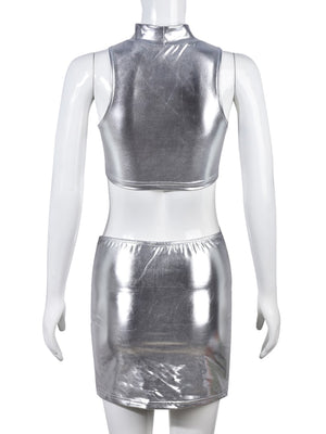 Ensemble sexy deux pièces jupe fendue plissée et crop top argenté tenue Coachella - GUAPPAA