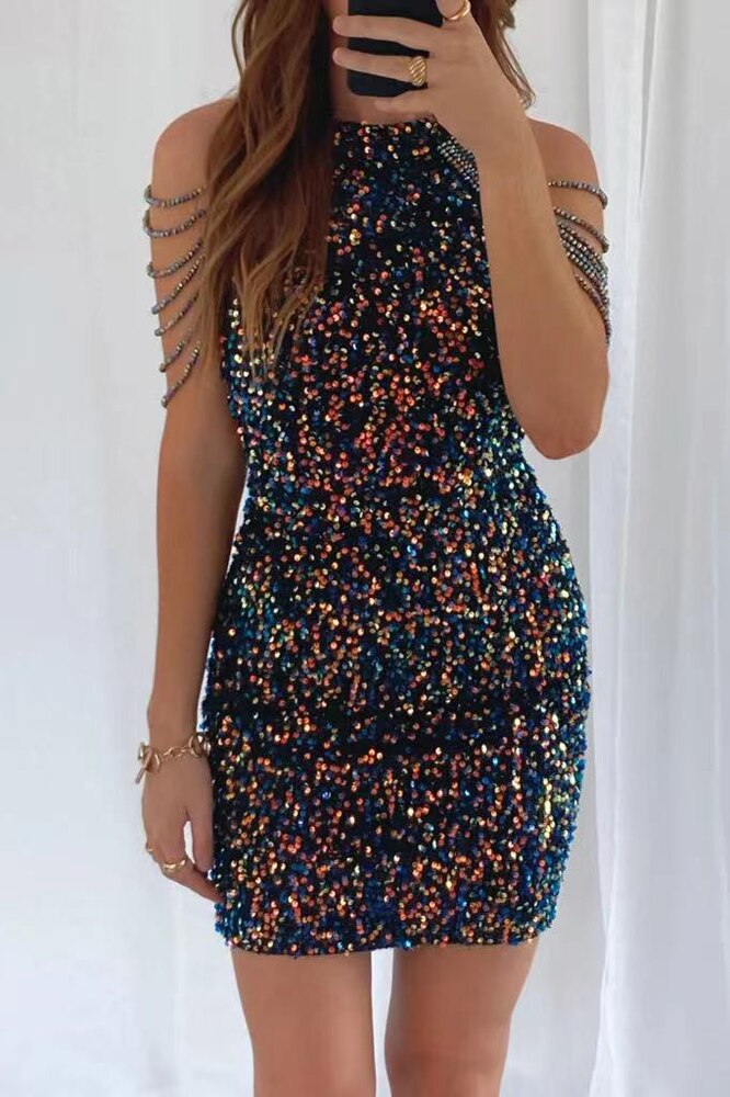 Robe courte à sequins et chute de strass sur les épaules Glossy - GUAPPAA