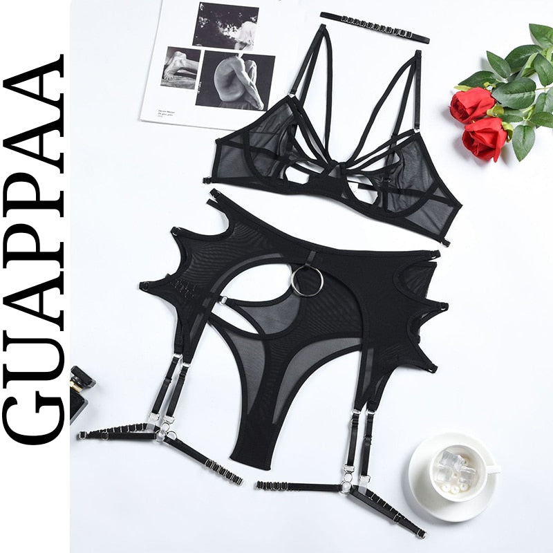 Lingerie érotique ensemble quatre pièces asymétrique luxe La Courbure - GUAPPAA