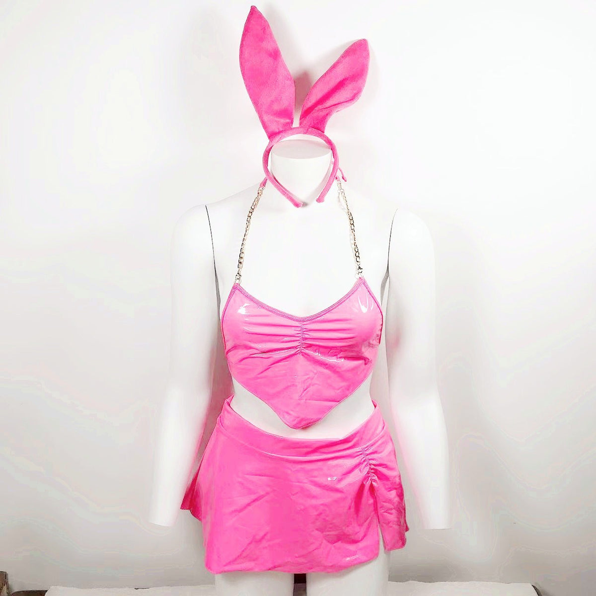 Costume vinyle sexy ensemble jupe haut oreilles lapin Blue Latex - GUAPPAA